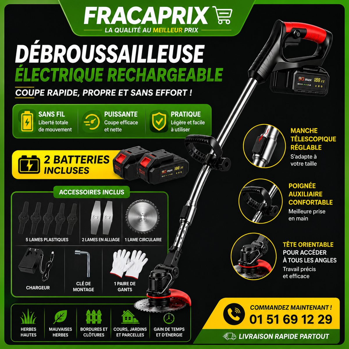 DÉBROUSSAILLEUSE ÉLECTRIQUE RECHARGEABLE - Entretenez vos espaces verts plus rapidement, avec moins d'effort et SANS CABURANT